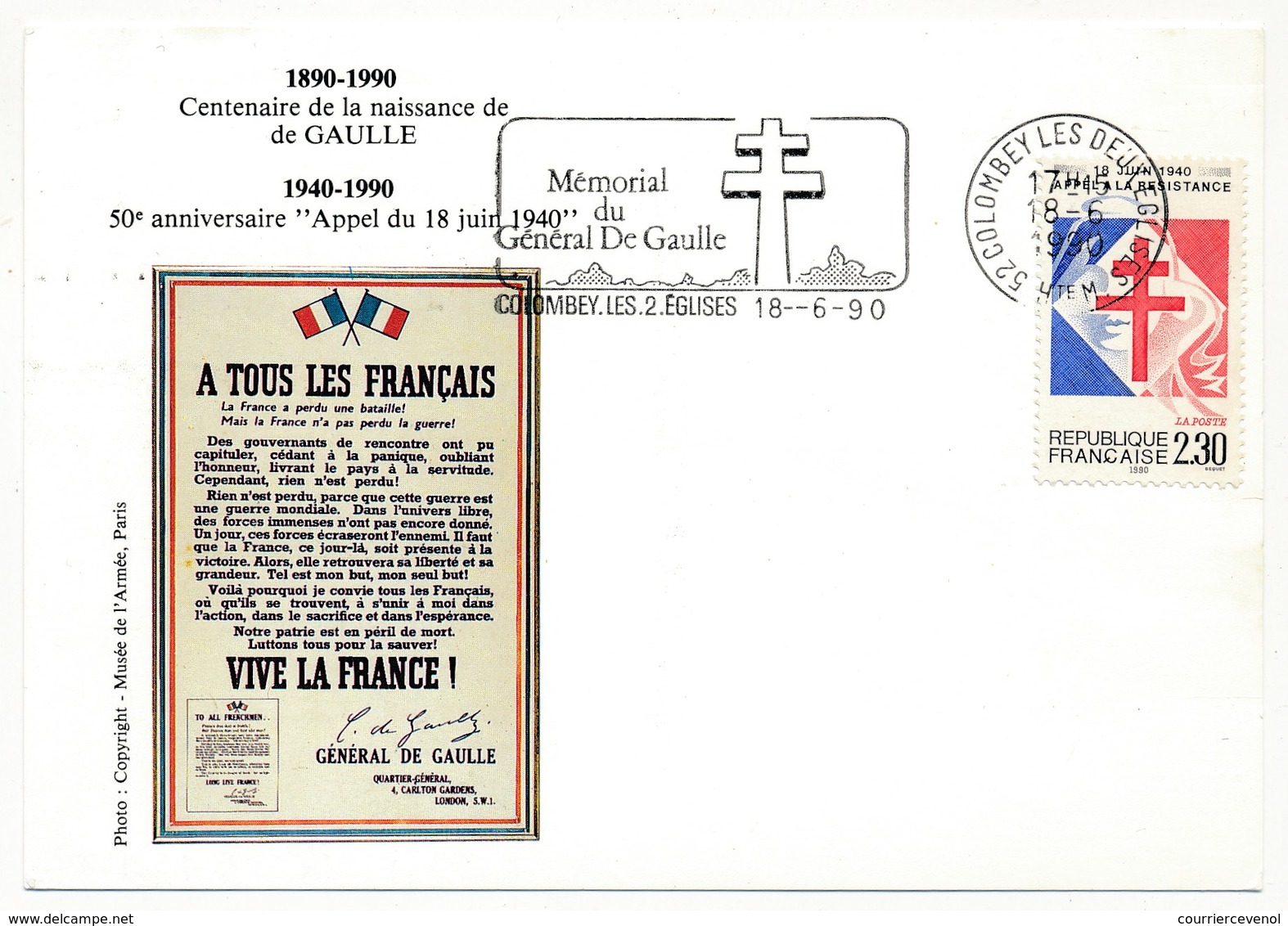 FRANCE => CP => OMEC. "Mémorial Du Général De Gaulle - COLOMBEY LES 2 Eglises" S/ N°2656 2,30 Appel Résistance - De Gaulle (Generaal)