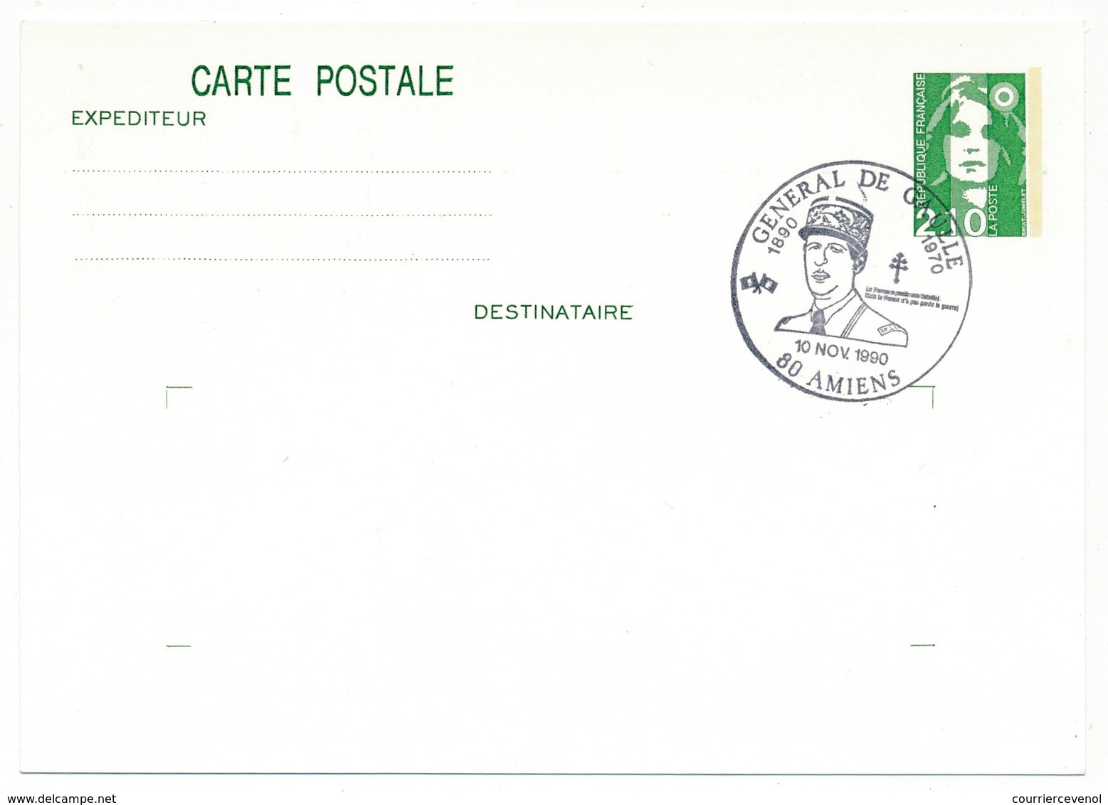 FRANCE => CP Entier 2,10 Liberté => Oblit "Général De Gaulle - 80 AMIENS" Nov 1990 - De Gaulle (Général)