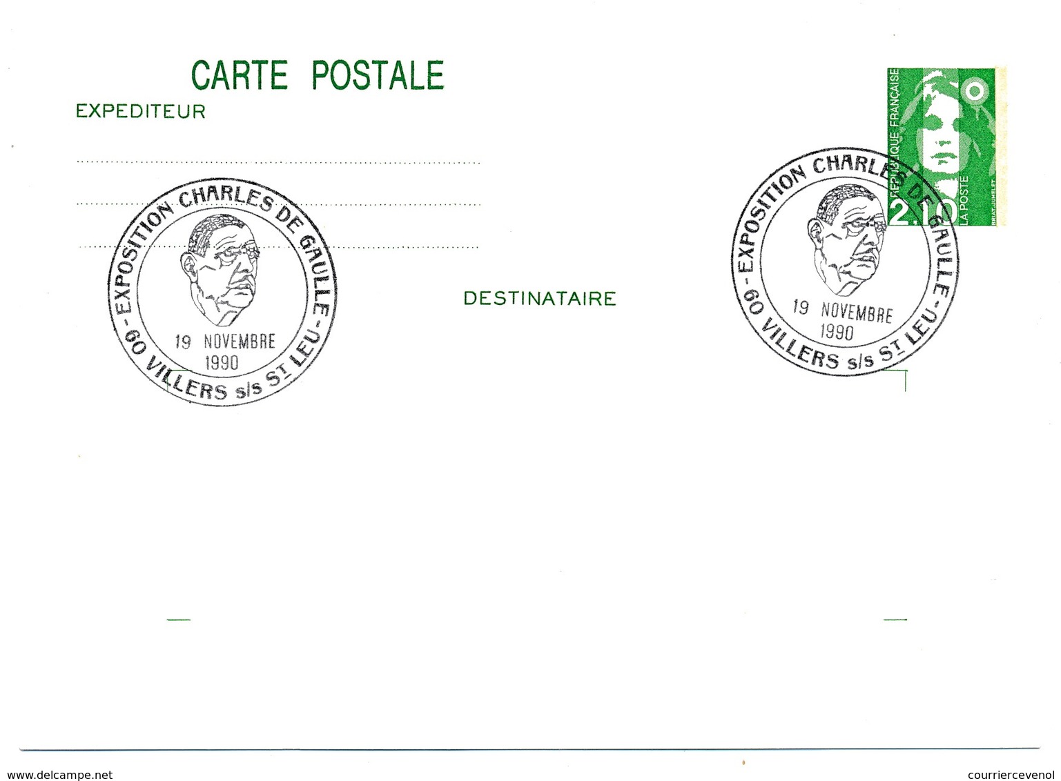 FRANCE => CP Entier 2,10 Liberté => Oblit "Exposition Charles De Gaulle - 60 VILLERS S/S St LEU" Nov 1990 - De Gaulle (General)