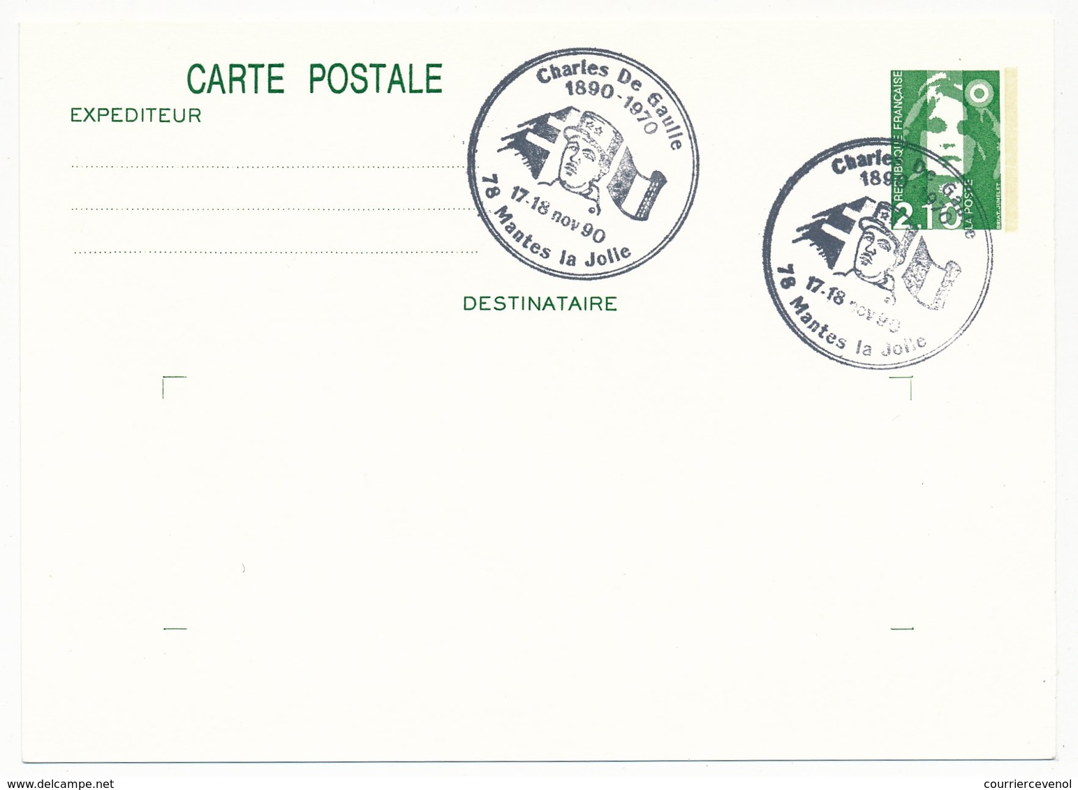 FRANCE => CP Entier 2,10 Liberté => Oblit "Charles De Gaulle - 78 Mantes La Jolie" Nov 1990 - De Gaulle (Generale)