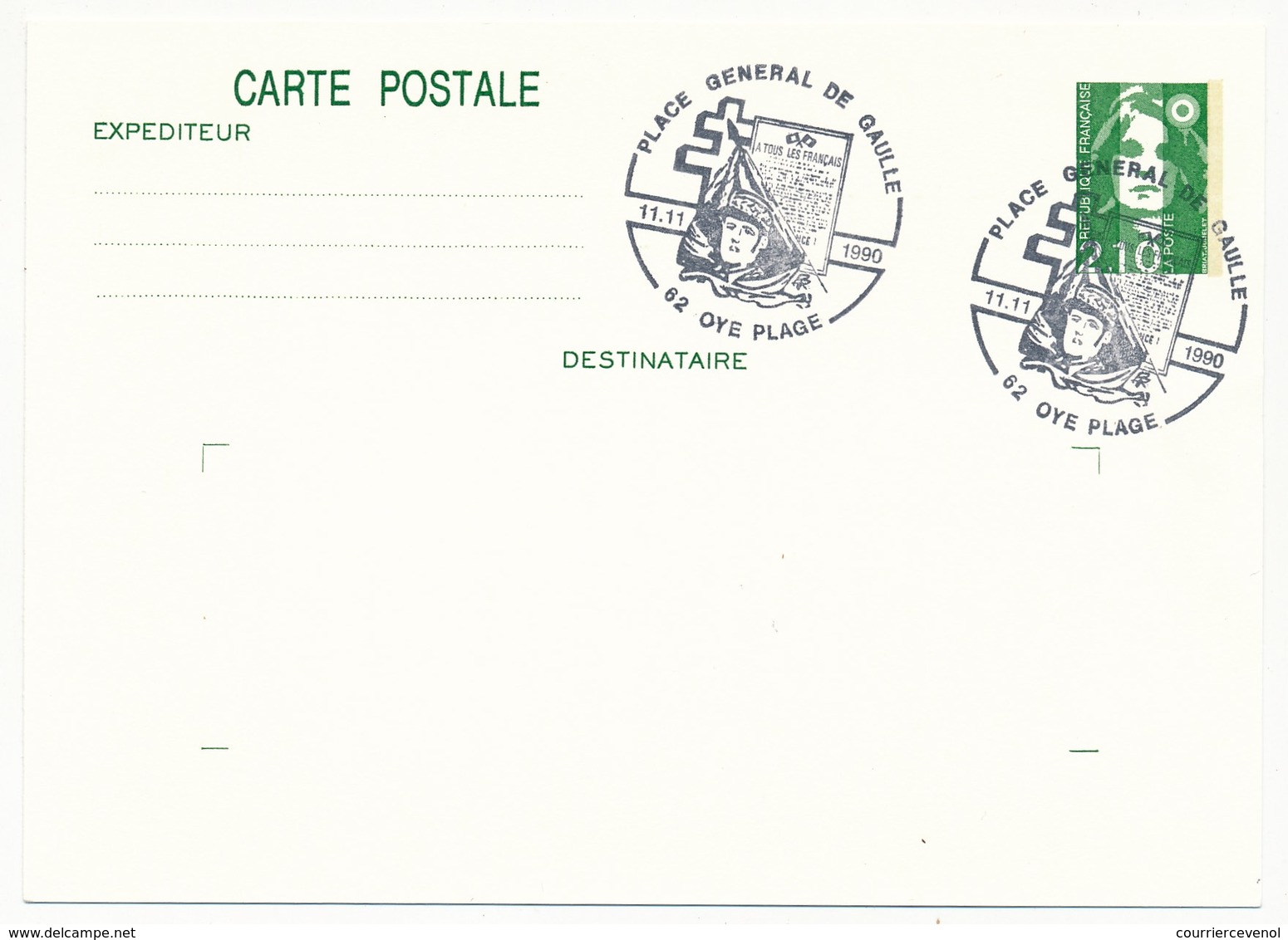 FRANCE => CP Entier 2,10 Liberté => Oblit "Place Général De Gaulle - 62 OYE PLAGE" 11.11.1990 - De Gaulle (General)