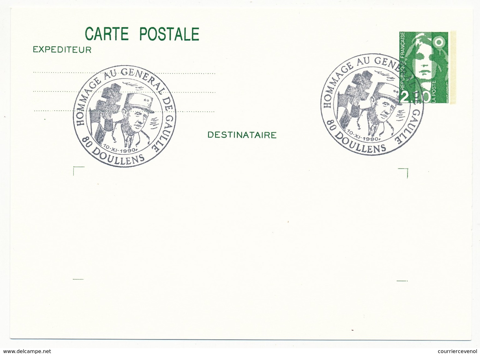 FRANCE => CP Entier 2,10 Liberté => Oblit "Hommage Au Général  De Gaulle - 80 DOULLENS"  Nov 1990 - De Gaulle (Generale)
