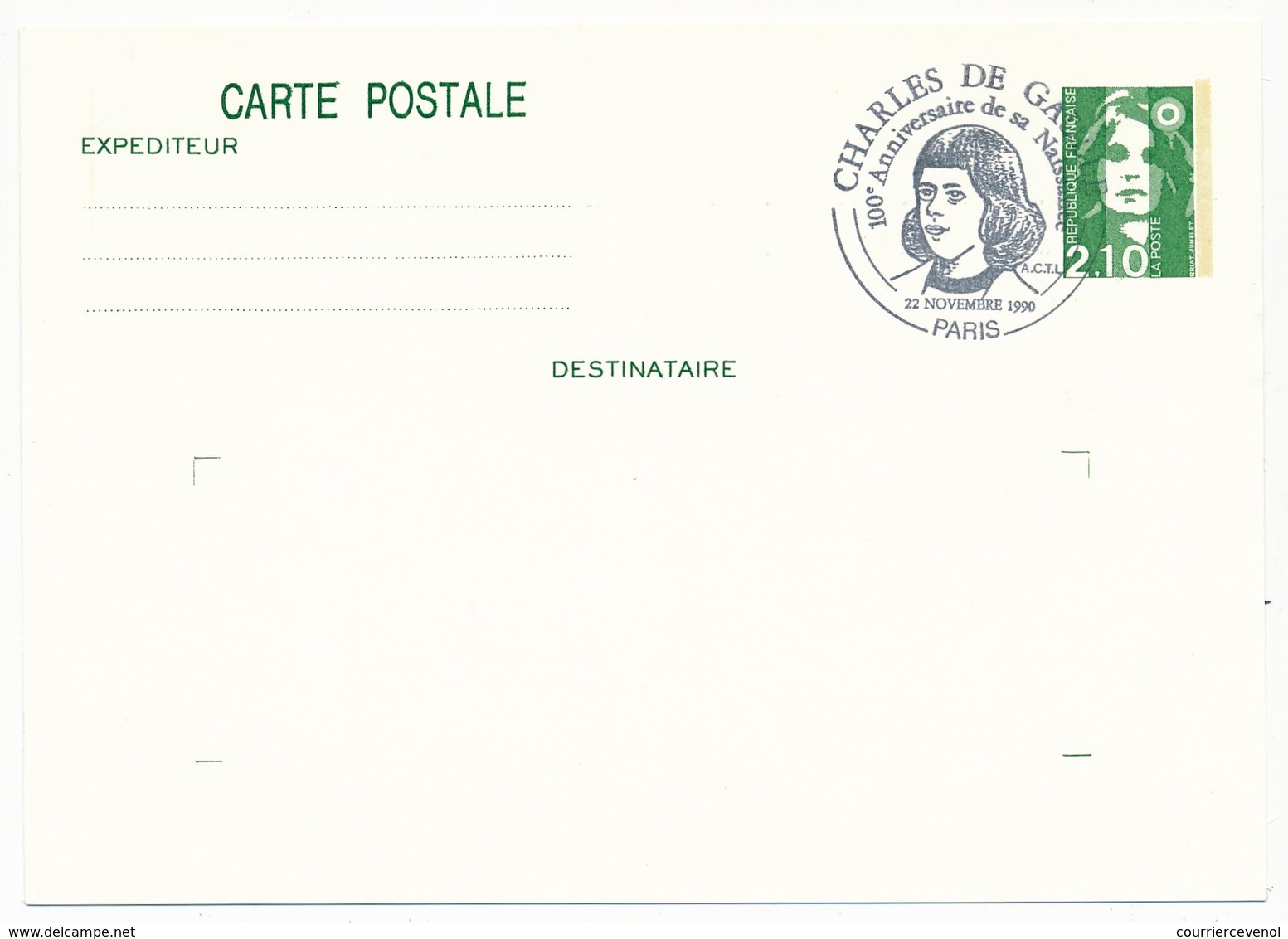 FRANCE => CP Entier 2,10 Liberté => Oblit "Charles De Gaulle - 100° Anniversaire De Sa Naissance - PARIS"  Nov 1990 - De Gaulle (Generale)