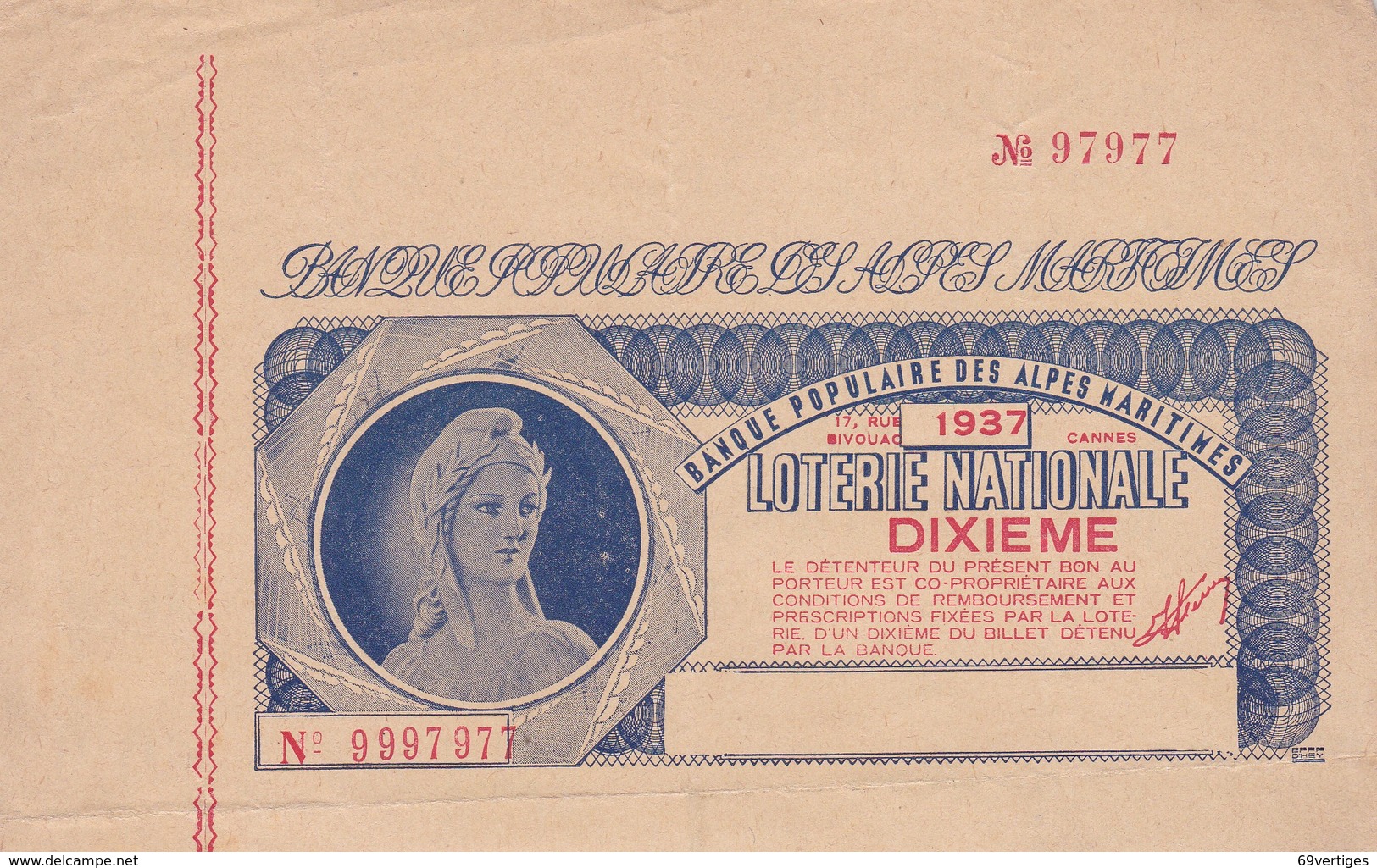 BANQUE POPULAIRE DES ALPES MARITIMES, CANNES, 1/10 1937 - Billets De Loterie