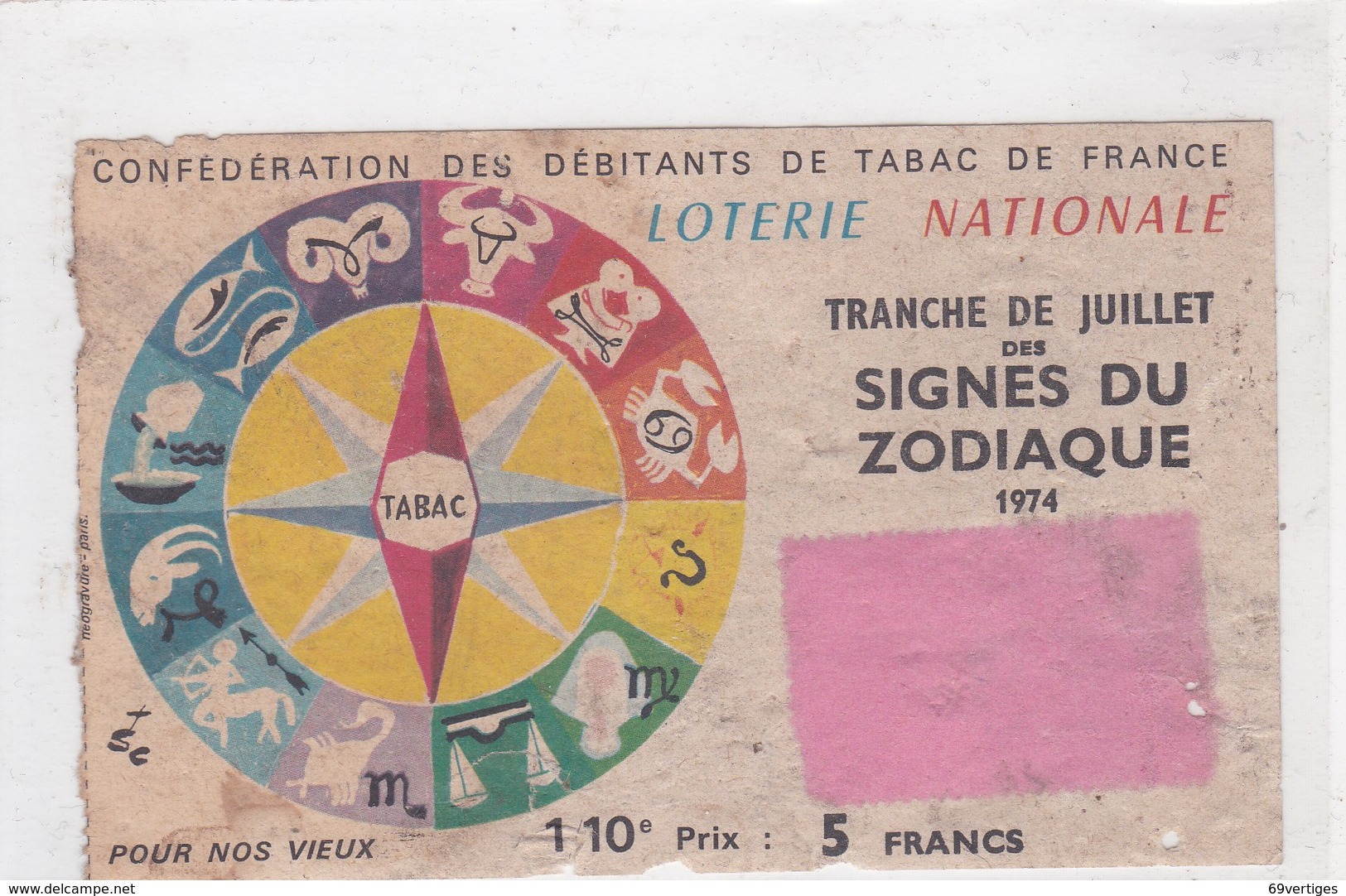 SIGNES DU ZODIAQUE, 1/10 1974 - Billets De Loterie