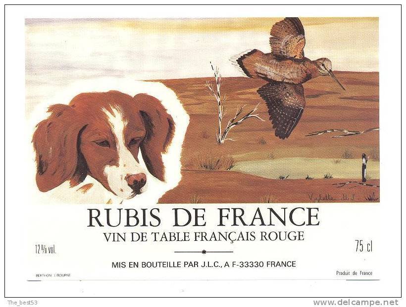 Etiiquette Vin De Table - Rubis De France -  Illustré Par Valette M.J. - Thèmes Chasse, Chien - Chiens