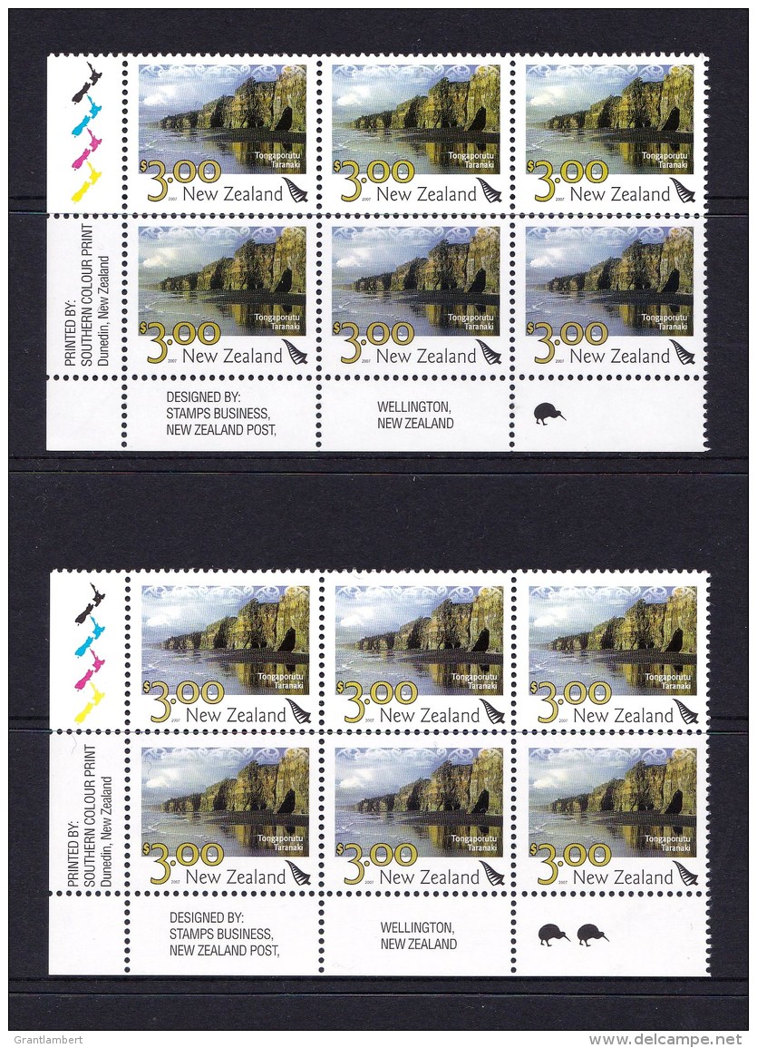 New Zealand 2007 Scenic $3 Tongaporutu Taranaki Control Blocks Kiwi Reprints MNH - Unused Stamps