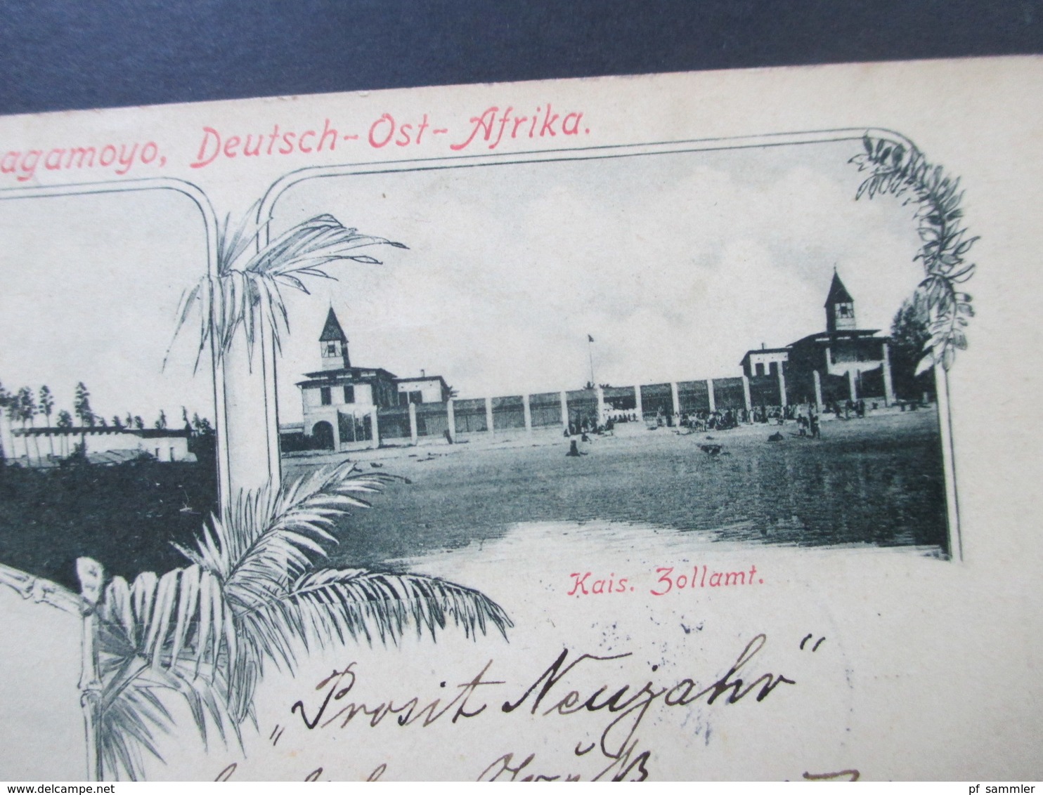 Kolonie DOA 1899 Nr. 7 MeF / Waagerechtes Paar Mehrbildkarte Bagamoyo Kais. Station / Kais Zollamt U. Wissmann Denkmal - África Oriental Alemana