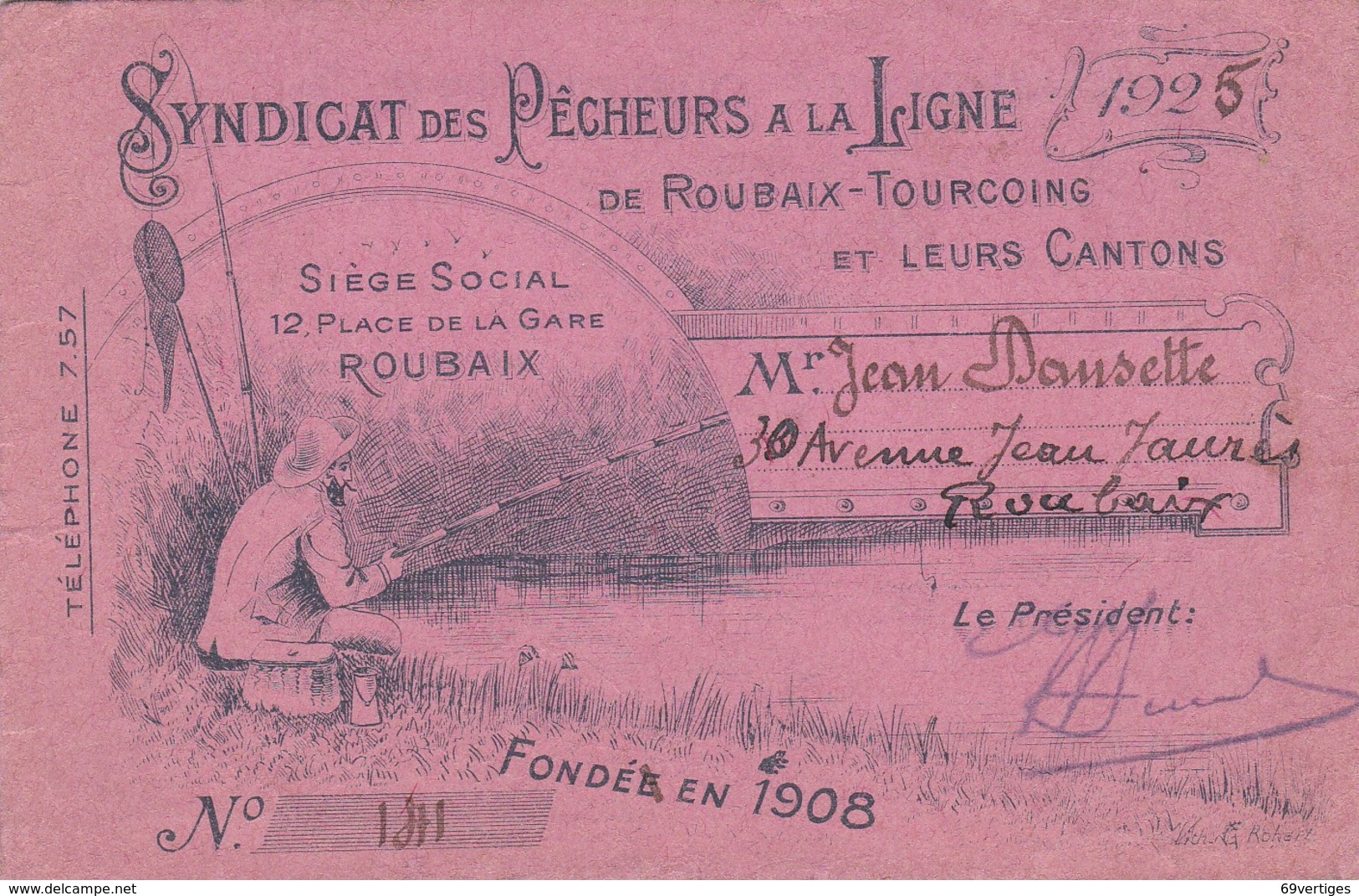 CARTE DE PECHE, Syndicat Des Pêcheurs à La Ligne De Roubaix-Tourcoing Et Leurs Cantons 1925 - Pesca