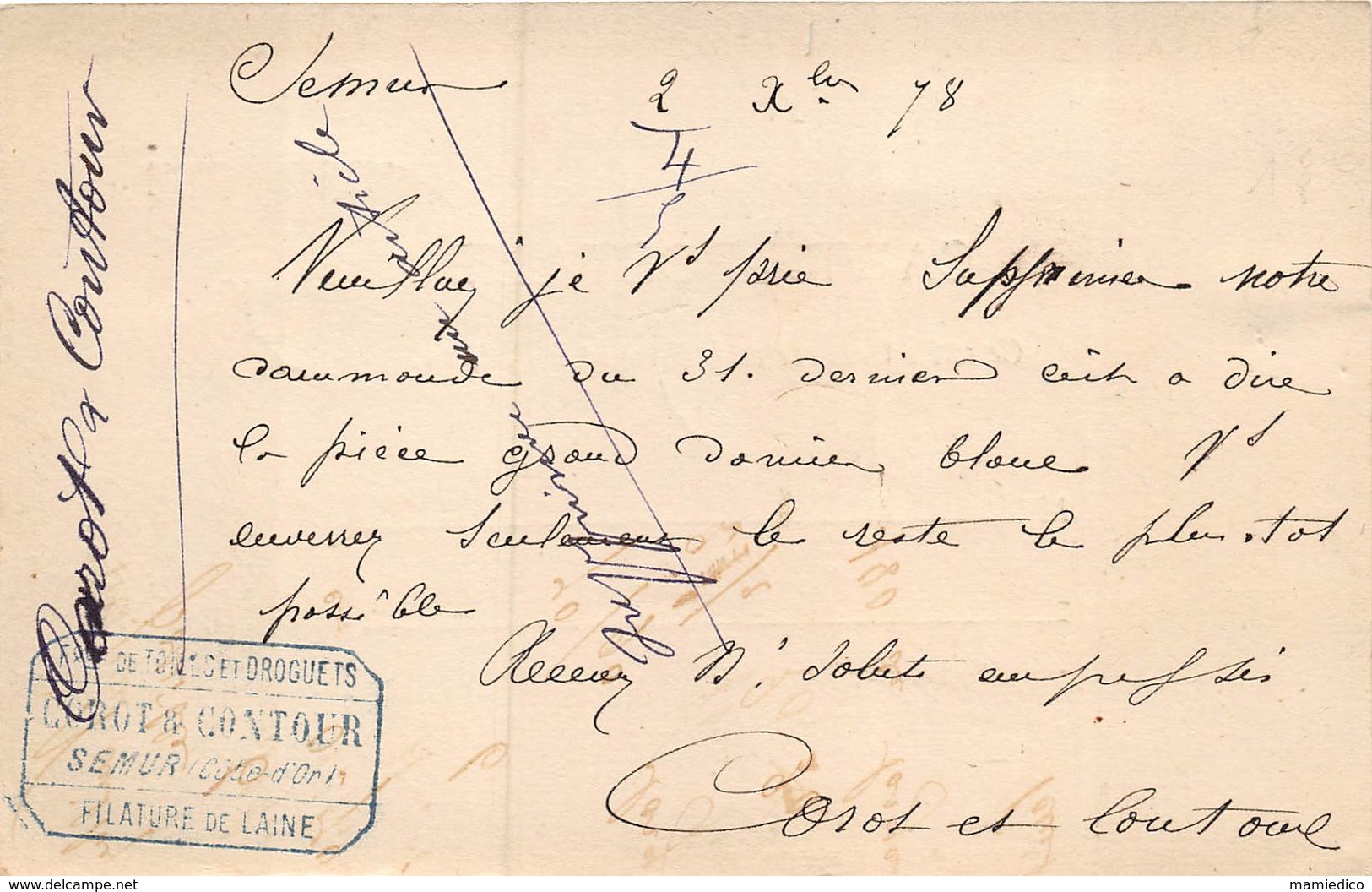 1878 Courrier Avec Publicité Filature De Laine: COROT & CONTOUR à SEMUR EN AUXOIS (CP Entier Postal, état Parfait) - Publicités