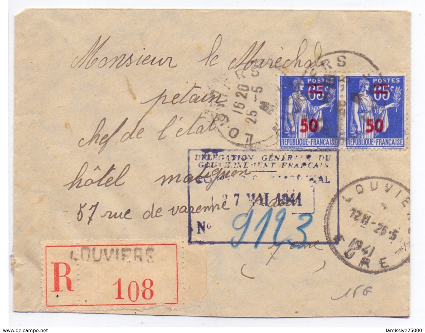 Lettre Adresse Au Marechal Petain En Recommandée D Office 0.50 Fr X 2 Paix De Louviers Eure - Guerre De 1939-45