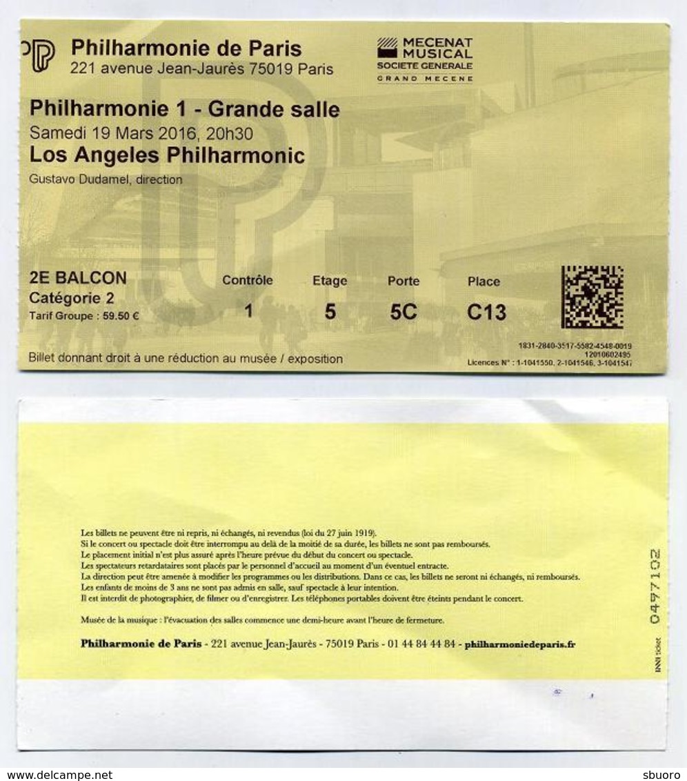 Ticket De Concert Los Angeles Philharmonic à La Philharmonie De Paris - 19 Mars 2016 - Konzertkarten