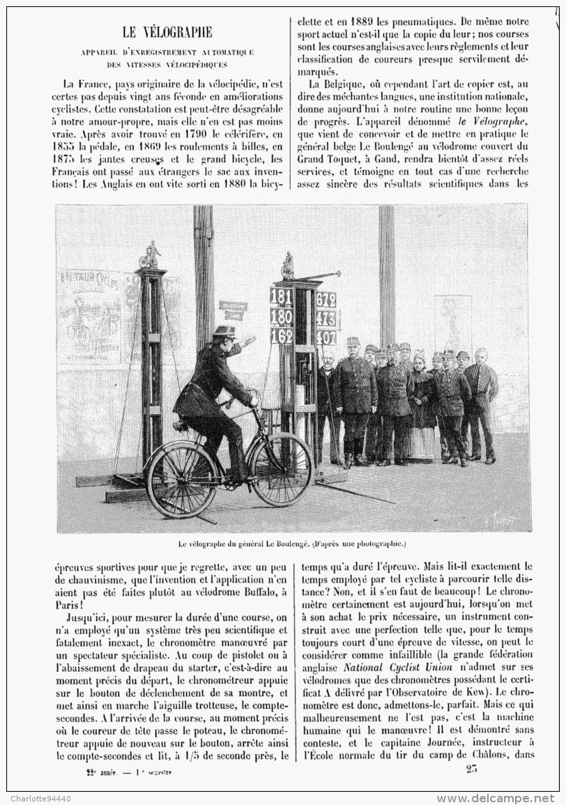 LE VELOGRAPHE  " APPAREIL D'ENREGISTREMENT AUTOMATIQUE  DES VITESSES VELOCIPEDIQUES "  1894 - Autres & Non Classés