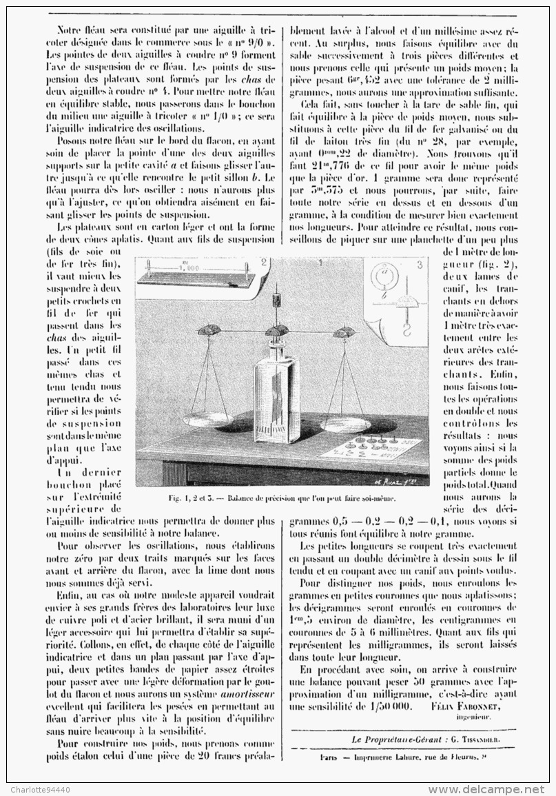 BALANCE De PRECISION Que L'on Peut Fabriquer Soi-meme    1894 - Other & Unclassified