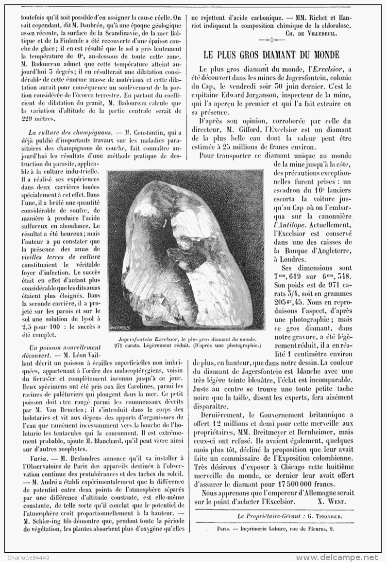 LE PLUS GROS DIAMANT Du MONDE   1894 - Autres & Non Classés