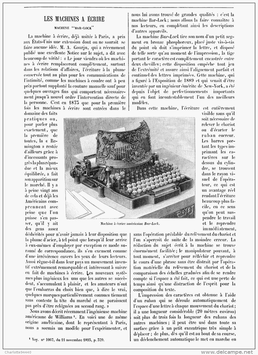 LES MACHINES à ECRIRE " BAR-LOCK " 1894 - Autres & Non Classés