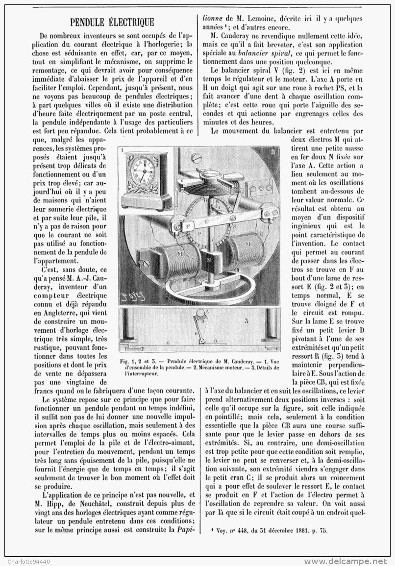 PENDULE ELECTRIQUE De  M. CAUDERAY   1894 - Autres & Non Classés