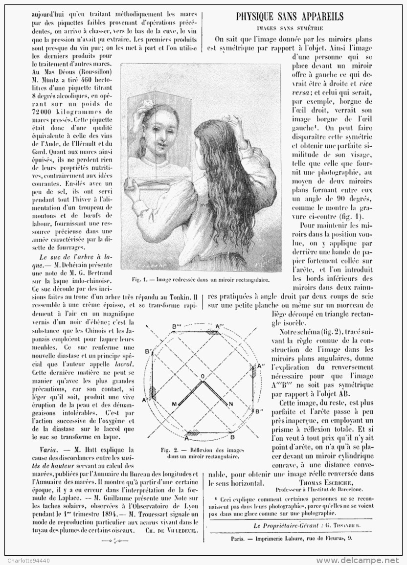 PHYSIQUE SANS APPAREILS   " IMAGES SANS SYMETRIE  "  1894 - Autres & Non Classés