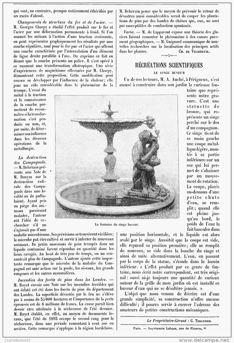 RECREATIONS SCIENTIFIQUES :  " LA FONTAINE DU SINGE BUVEUR  "  1894 - Other & Unclassified