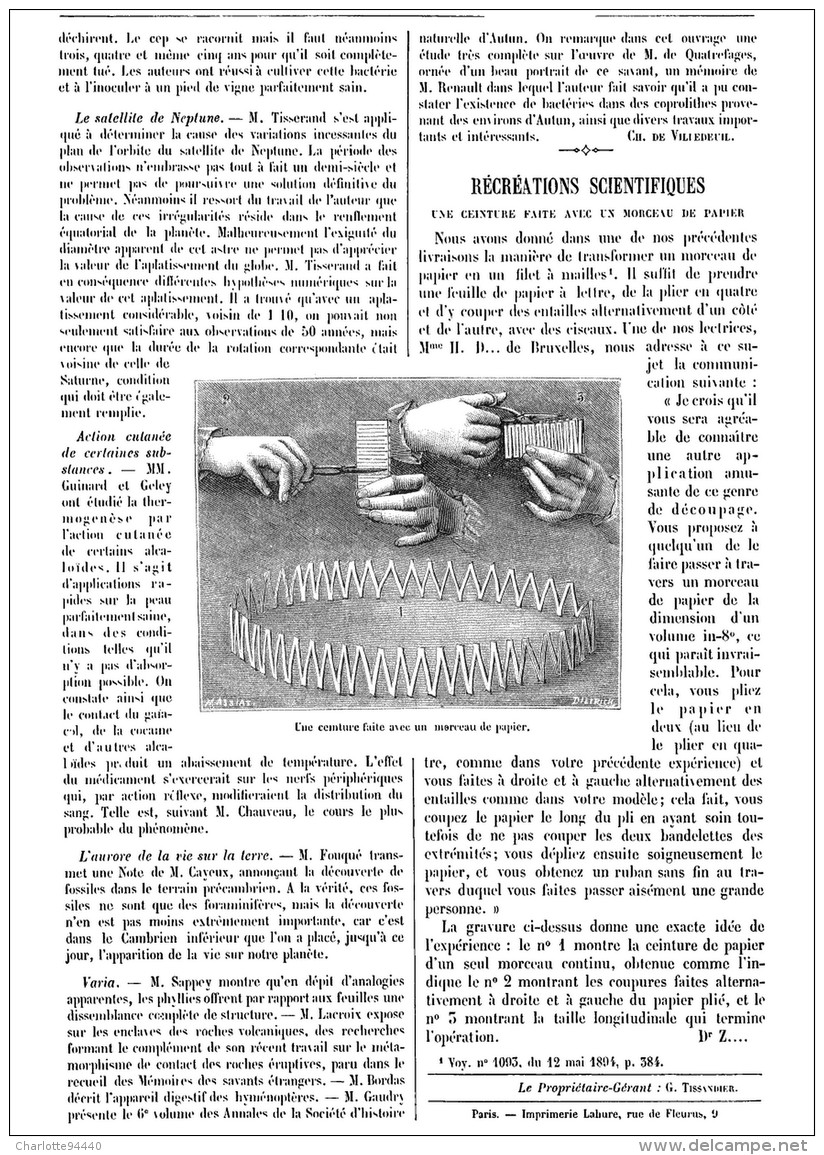 RECREATIONS SCIENTIFIQUES :  " UNE CEINTURE FAITE AVEC UN MORCEAU DE PAPIER   "  1894 - Other & Unclassified