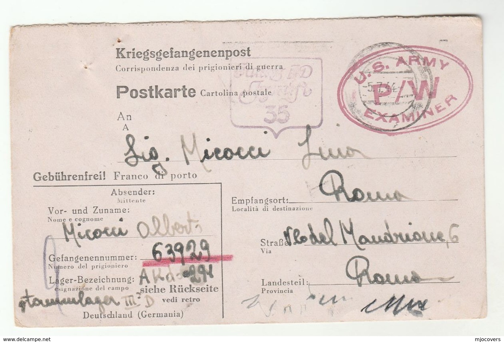 1943 Stalag III-D ITALIAN POW GERMANY To ITALY Prisoner Of War CARD Stationery 1944 US Army P/W Censor Cover Forces Wwii - Marcophilia