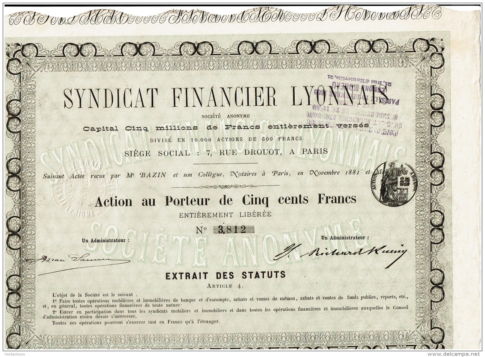 69-SYNDICAT FINANCIER LYONNAIS. Banque. 1882 - Other & Unclassified