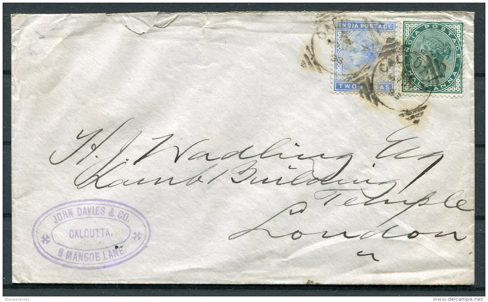 1883 India John Davies &amp; Co Calcutta (Squared Circle) Cover - London GB - 1882-1901 Empire