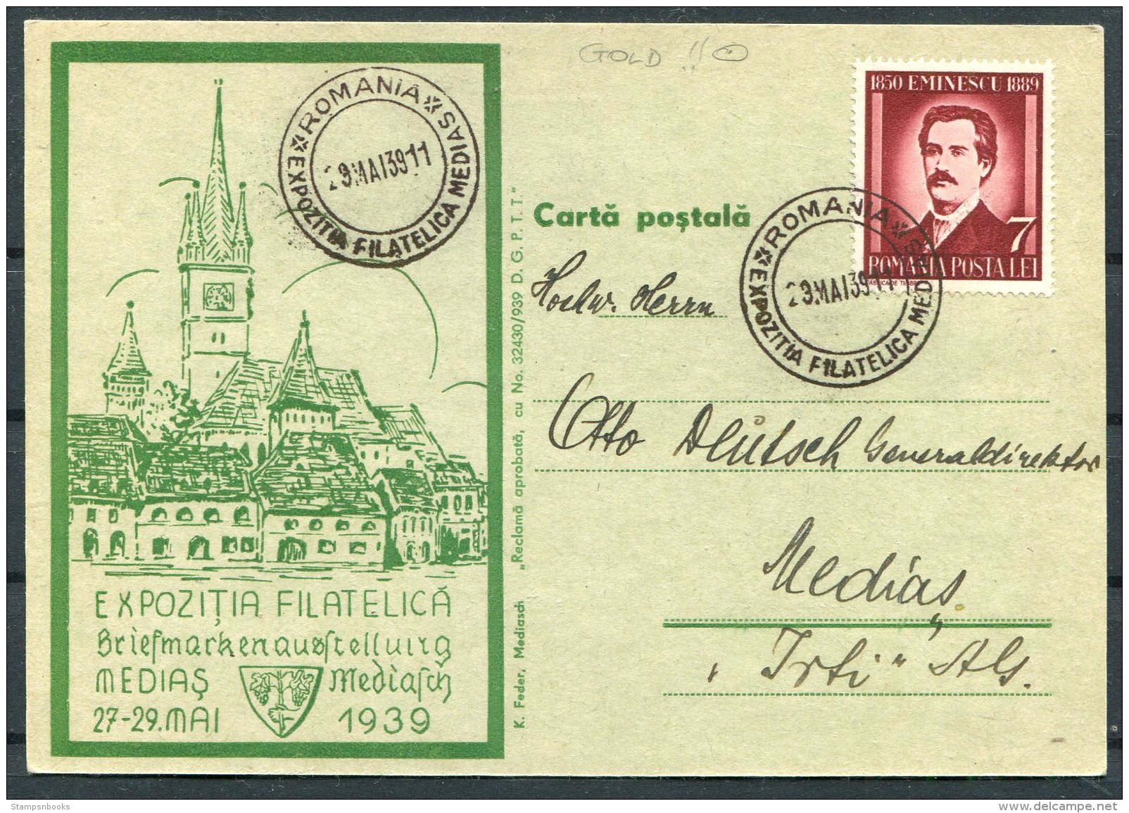 1939 Romania Medias Philatelic Exhibition Postcard - Covers & Documents