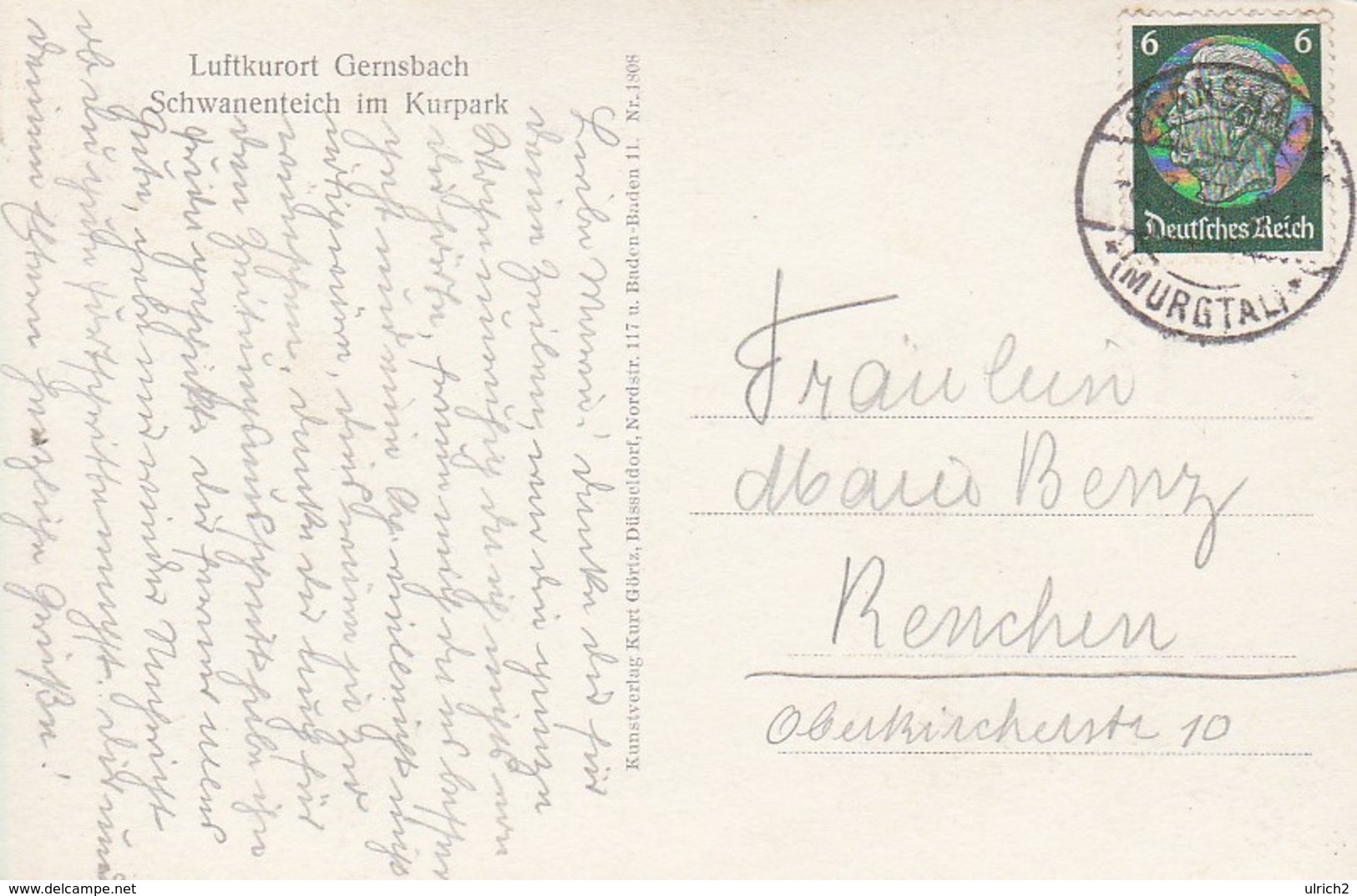 AK  Luftkurort Gernsbach - Schwanenteich Im Kurpark - 1937 (36203) - Gernsbach