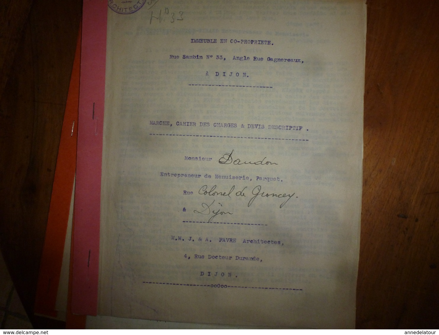 1933 Lot de documents contractuels de divers Corps d'Etats pour construction d'une Co-Pro 33 rue Sambin à Dijon ;etc