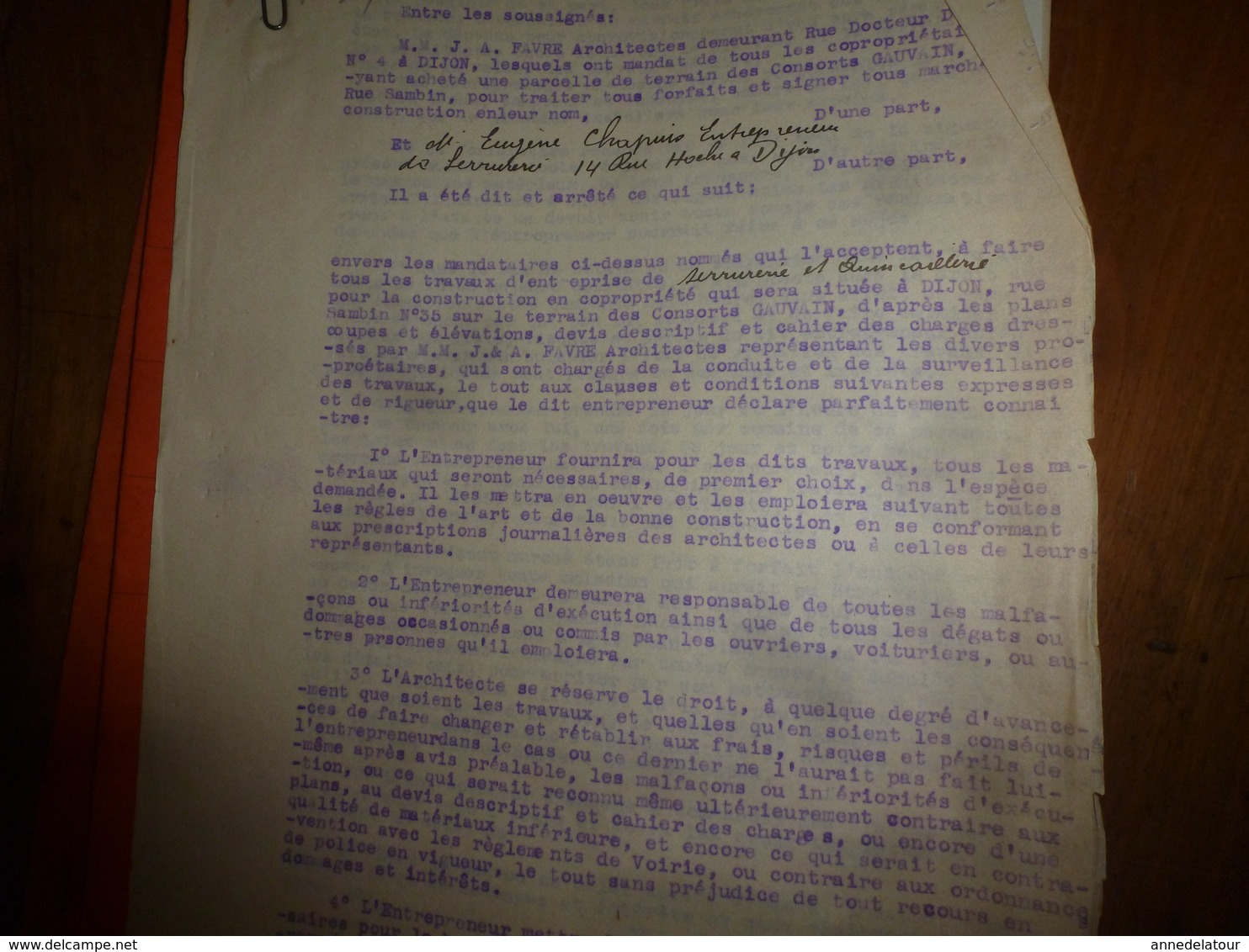 1933 Lot de documents contractuels de divers Corps d'Etats pour construction d'une Co-Pro 33 rue Sambin à Dijon ;etc