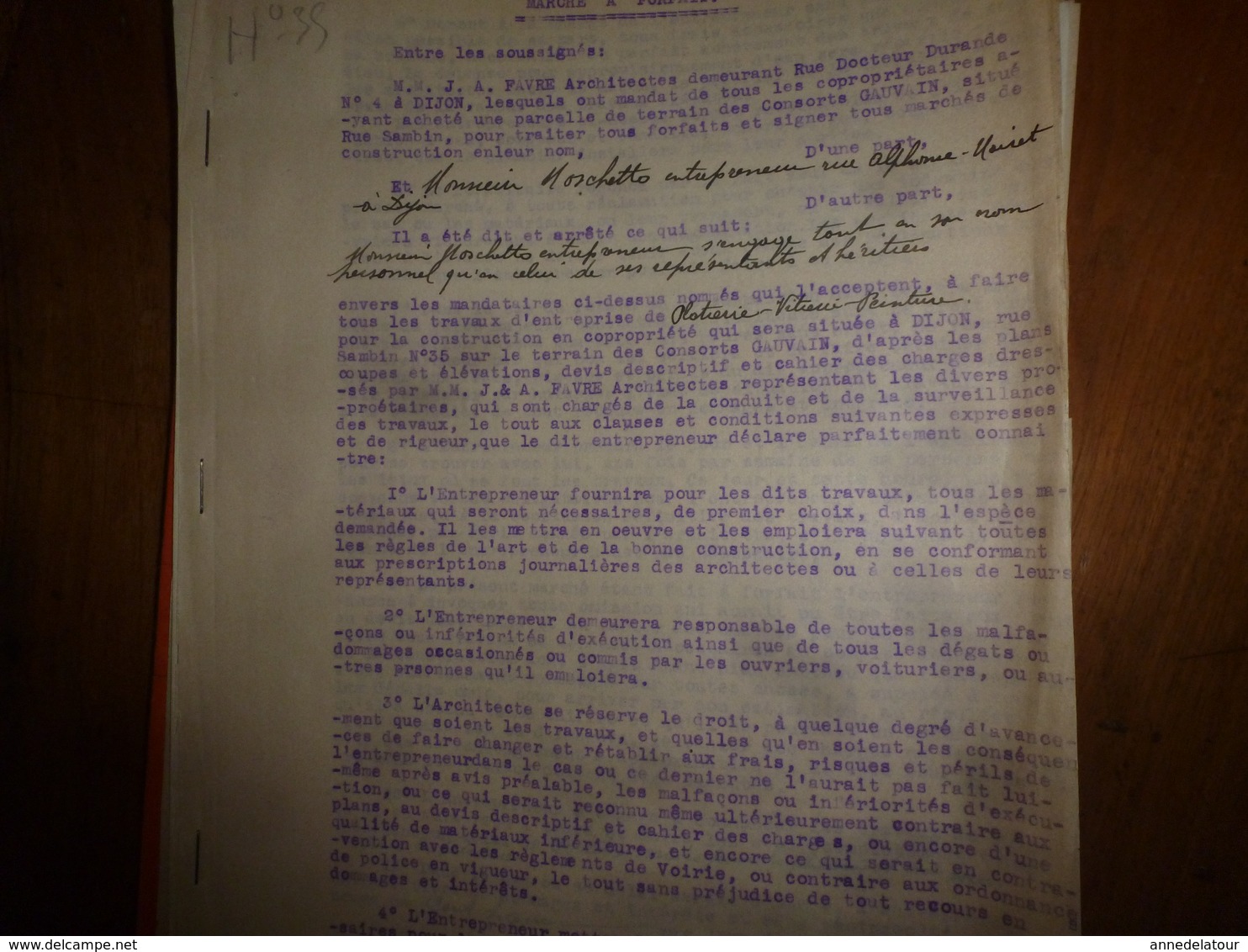 1933 Lot de documents contractuels de divers Corps d'Etats pour construction d'une Co-Pro 33 rue Sambin à Dijon ;etc