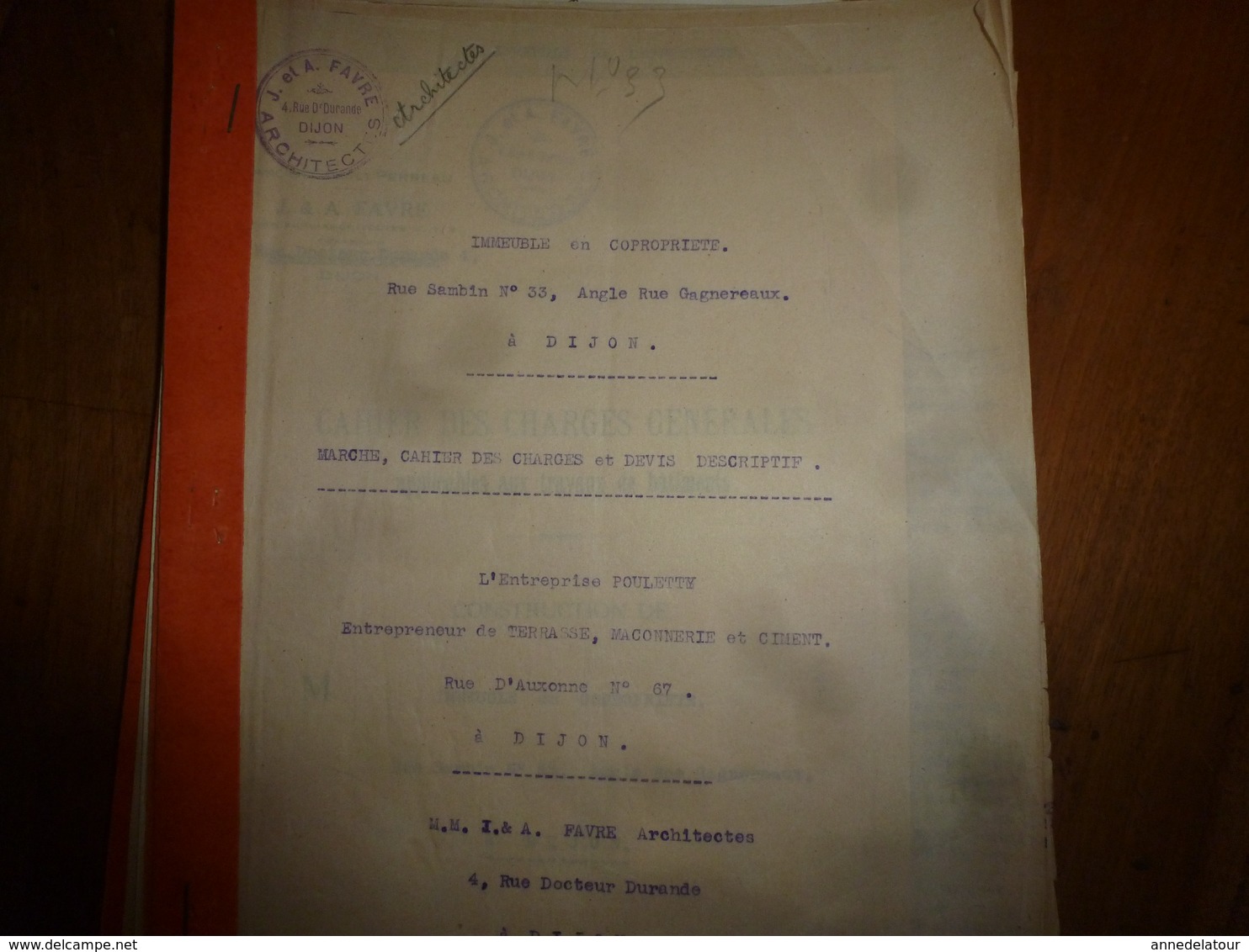 1933 Lot de documents contractuels de divers Corps d'Etats pour construction d'une Co-Pro 33 rue Sambin à Dijon ;etc