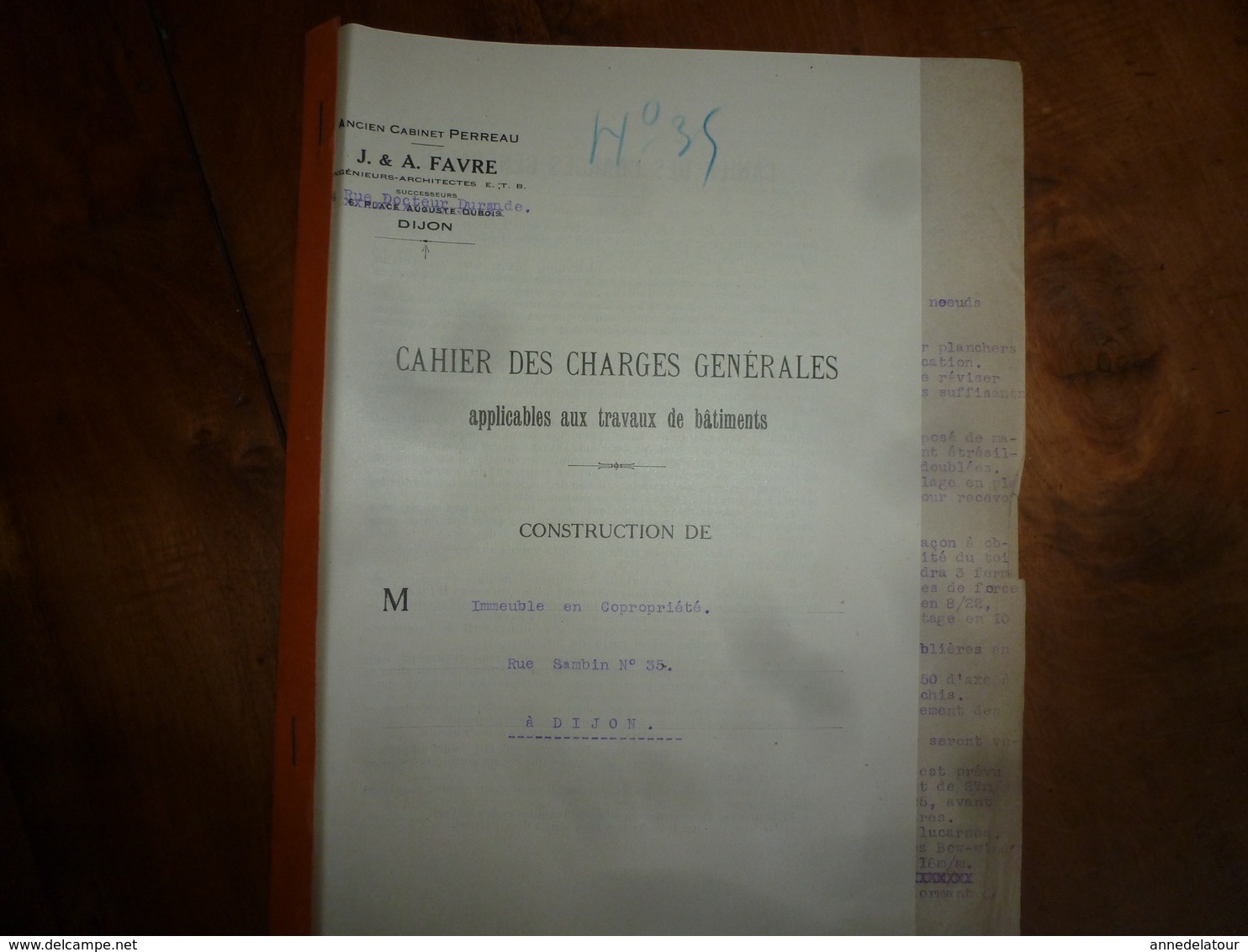 1933 Lot de documents contractuels de divers Corps d'Etats pour construction d'une Co-Pro 33 rue Sambin à Dijon ;etc