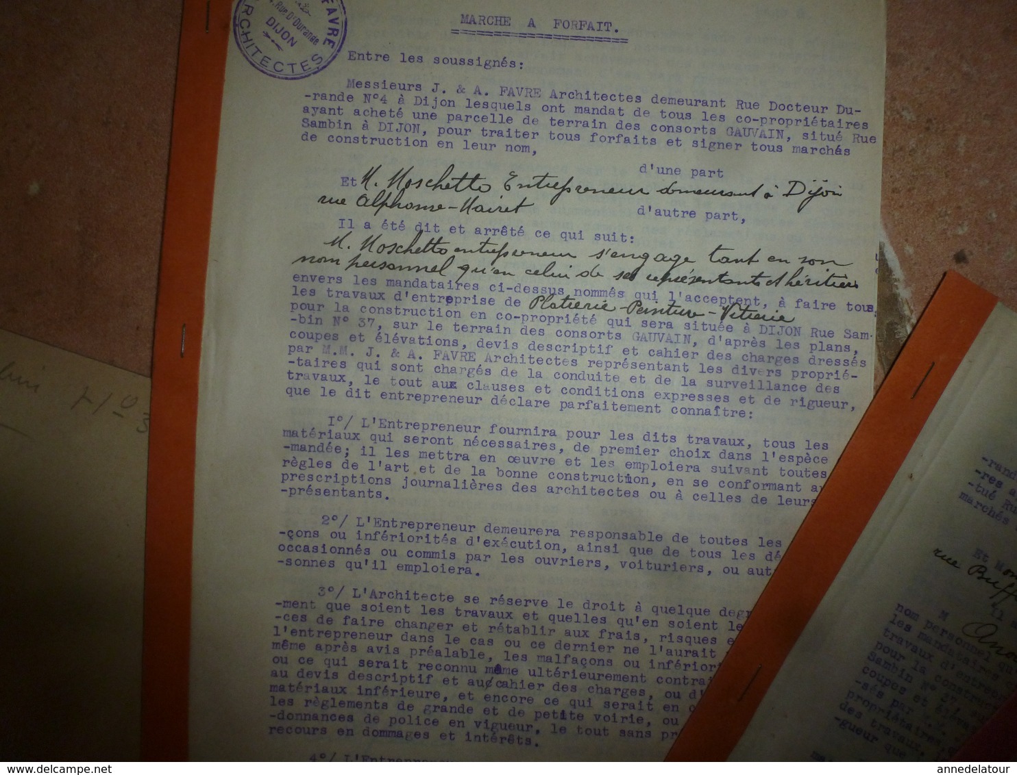 1933 Lot de documents contractuels de divers Corps d'Etats pour construction d'une Co-Pro 33 rue Sambin à Dijon ;etc