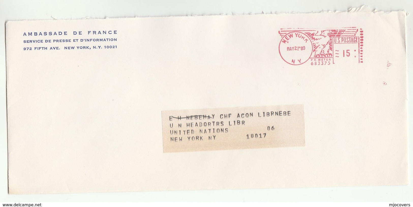 1980 FRENCH EMBASSY In NEW YORK  Cover To UNITED NATIONS  USA Meter Stamps Diplomatic France Un Usa - UNO