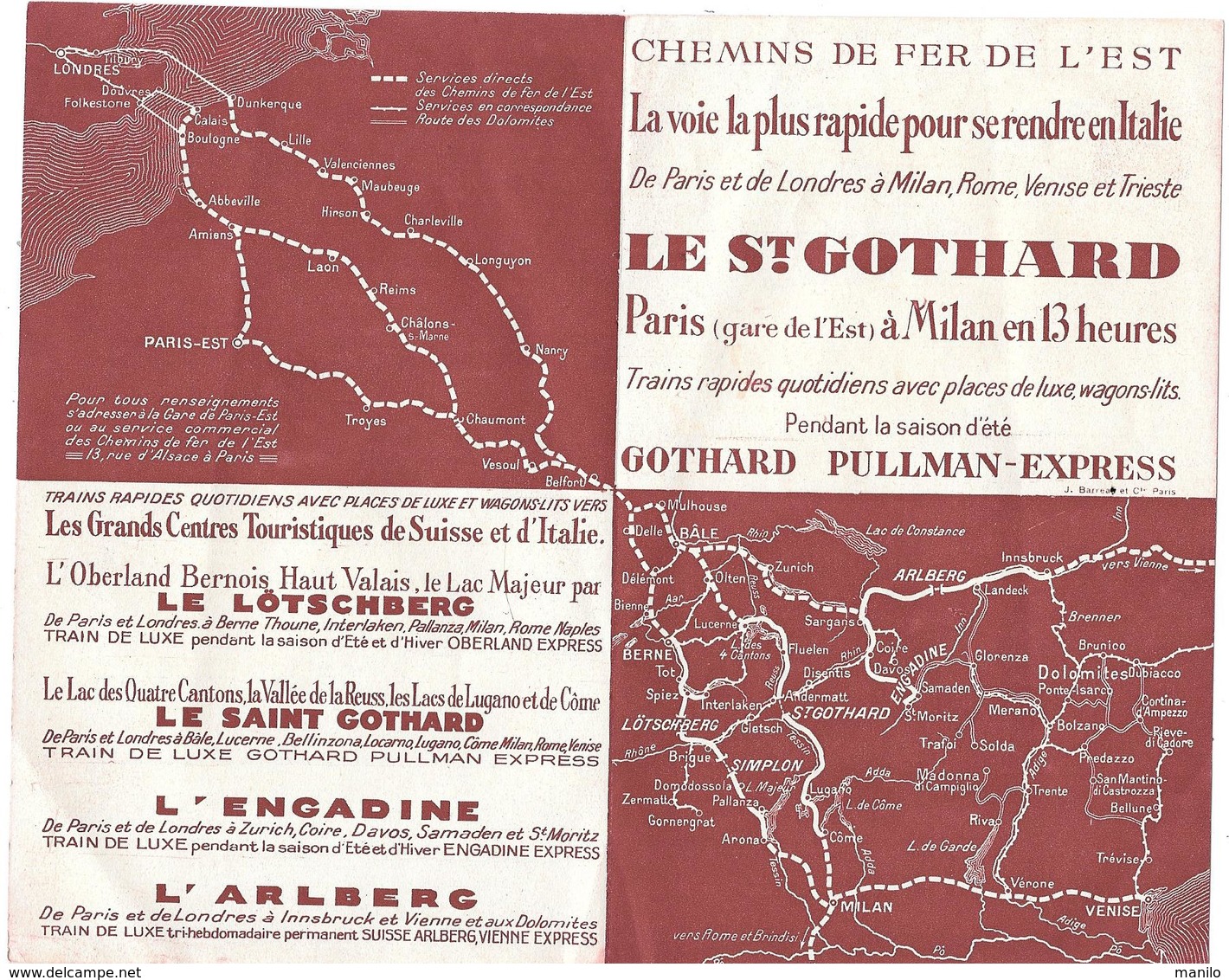 Publicité CHEMINS DE FER DE L'EST -  LE ST GOTHARD - Paris > Milan En 13 HEURES - Transport