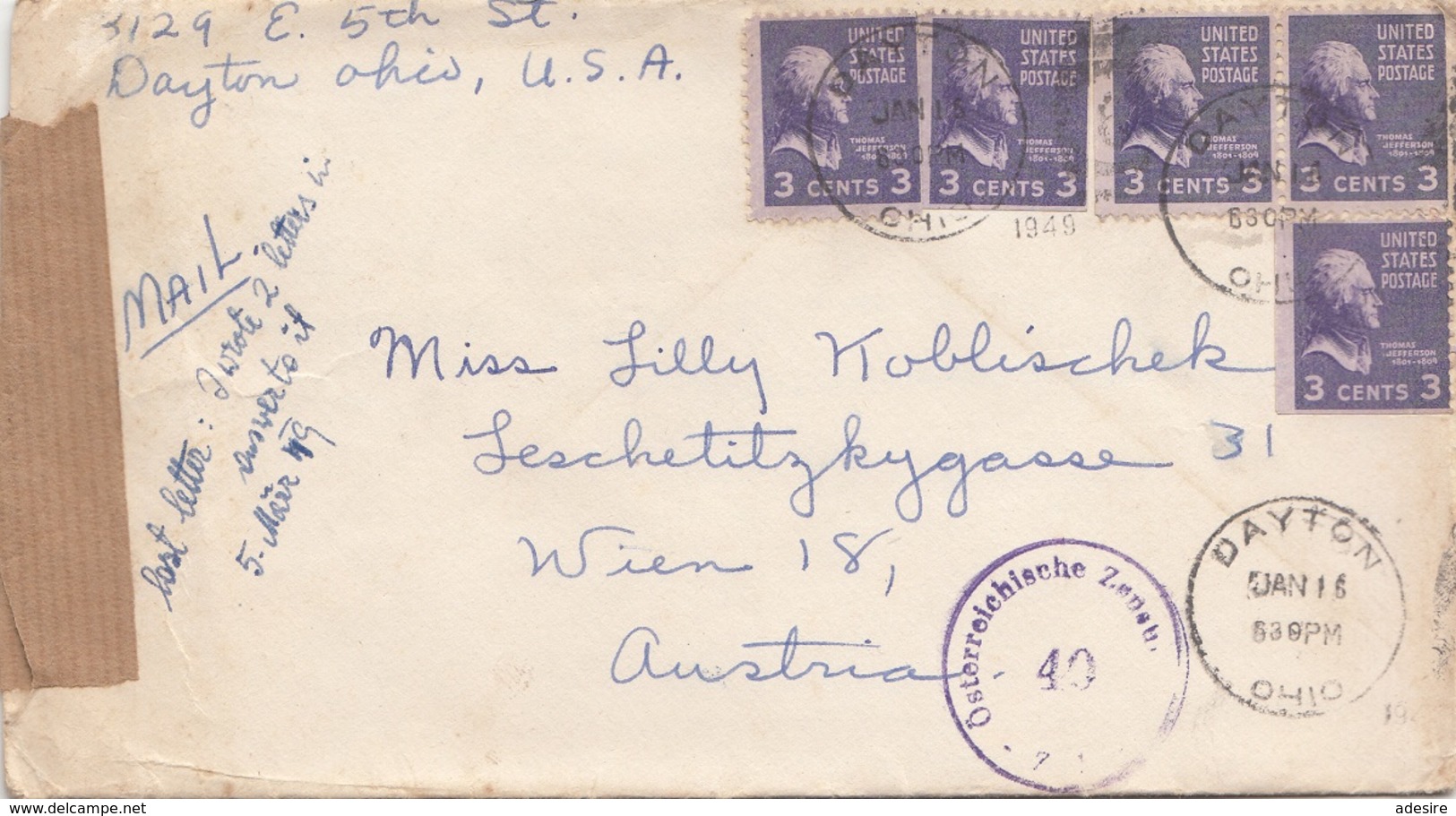USA 1953 - 5 Fach MEF Auf Zensur-Brief Mit Inhalt Gel.v. Dayton > Wien 18 - Briefe U. Dokumente