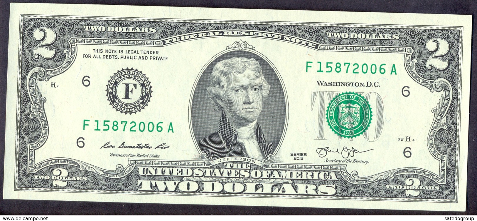 USA 2 Dollars 2013 F  - UNC # P- 538 < F - Atlanta GA > - Billets De La Federal Reserve (1928-...)