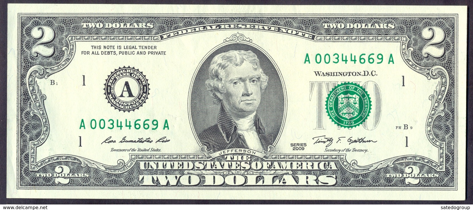 USA 2 Dollars 2009 A  - UNC # P- 530A < A - Boston MA > - Billets De La Federal Reserve (1928-...)