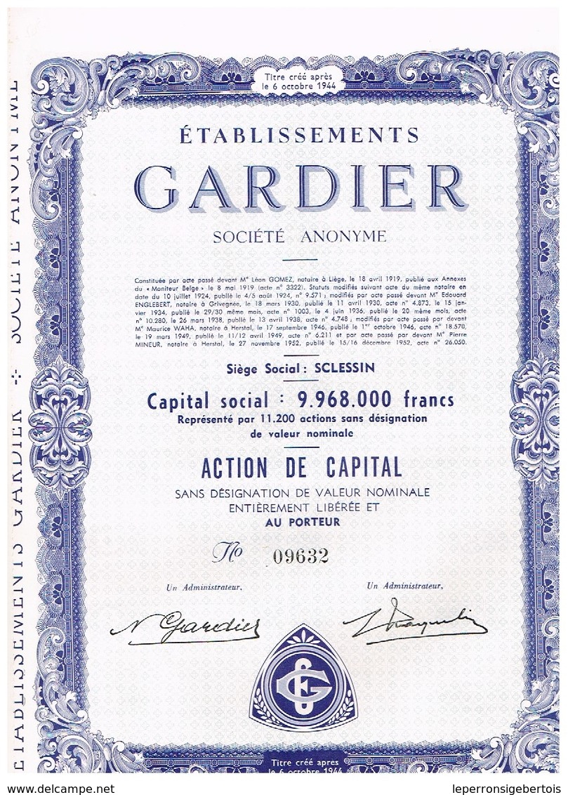 Action Ancienne -Etablissements GARDIER  - Titre De 1952 - Industrie