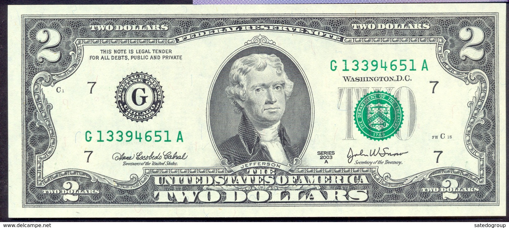 USA 2 Dollars 2003A G  - UNC # P- 516b < G - Chicago IL > - Federal Reserve Notes (1928-...)