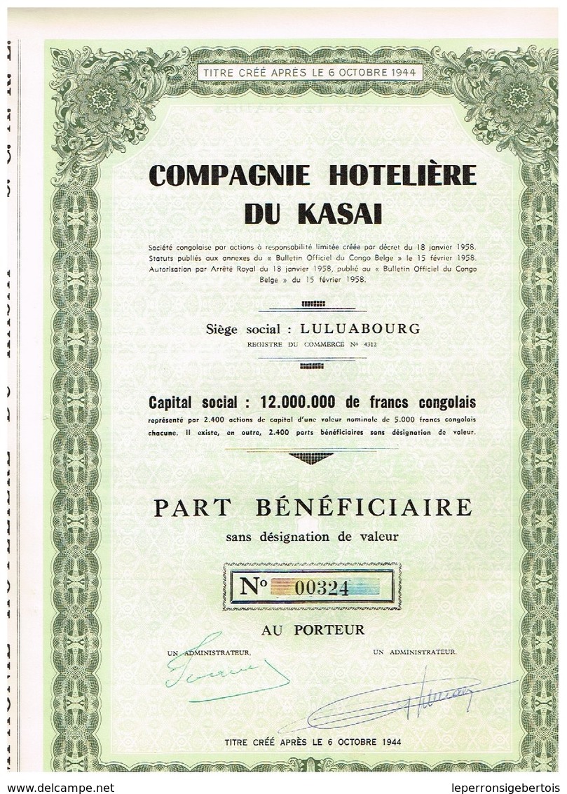 Action Ancienne - Compagnie Hôtelière Du Kasaï - Titre De 1958 - Afrique