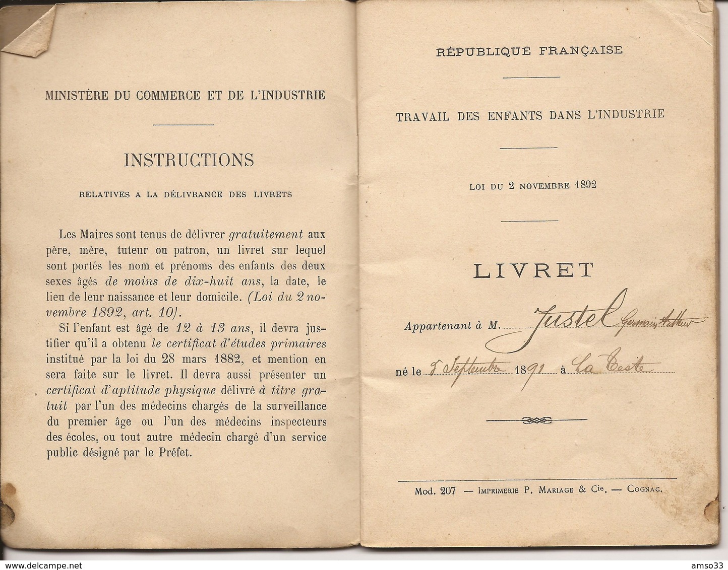 LA TESTE GIRONDE LIVRET DE TRAVAIL DES ENFANTS DANS L'INDUSTRIE 1906 - Collezioni