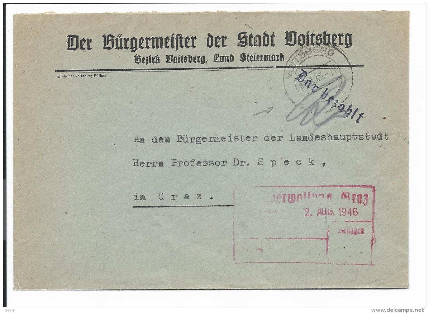 Österreich  Gebühr Bezahlt - Brief -  1946 Von Voitsberg N. Graz Bedarfsverwendet - Sonstige & Ohne Zuordnung