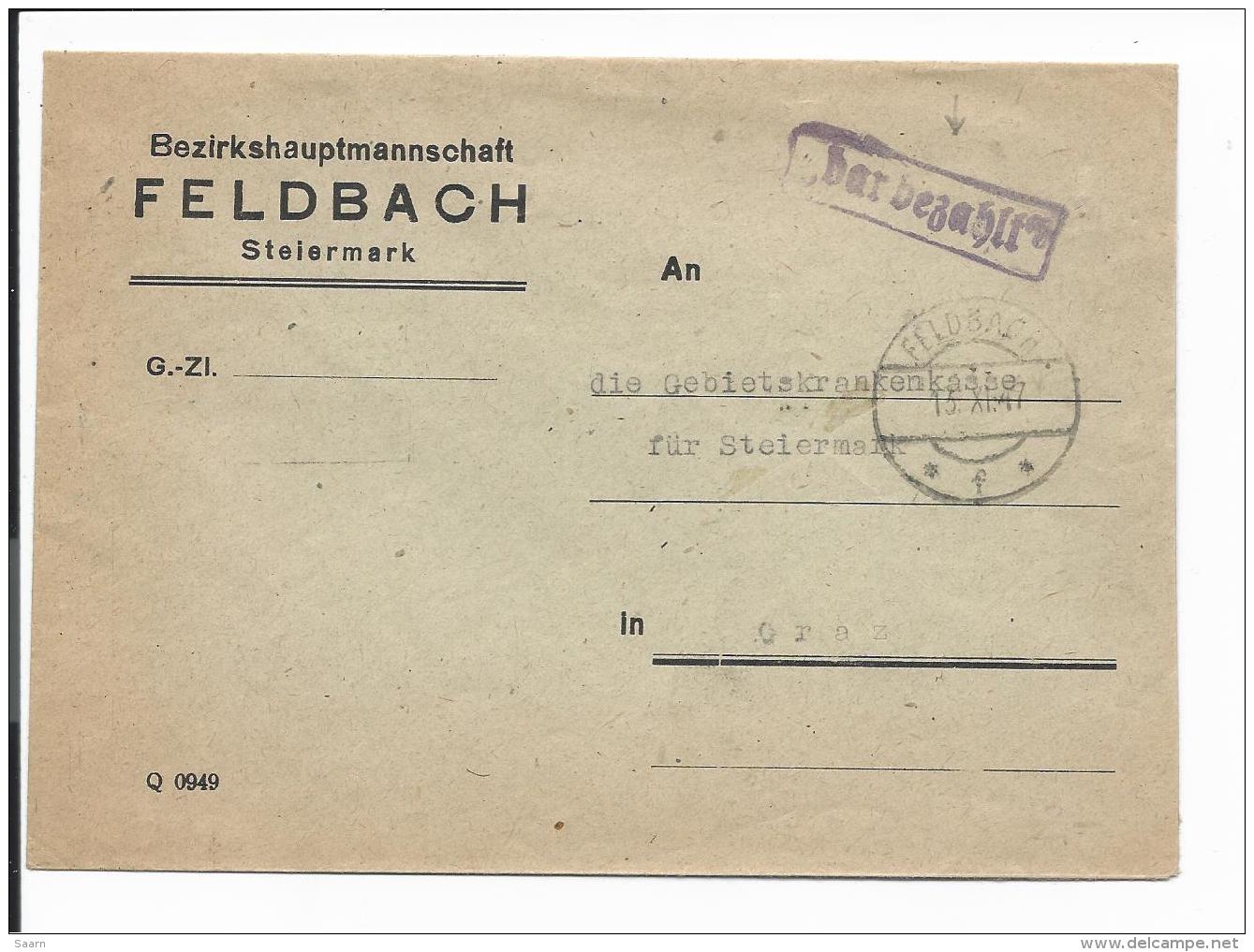 Österreich  Gebühr Bezahlt - Brief -  1947 Von Feldbach N. Graz  Bedarfsverwendet - Sonstige & Ohne Zuordnung