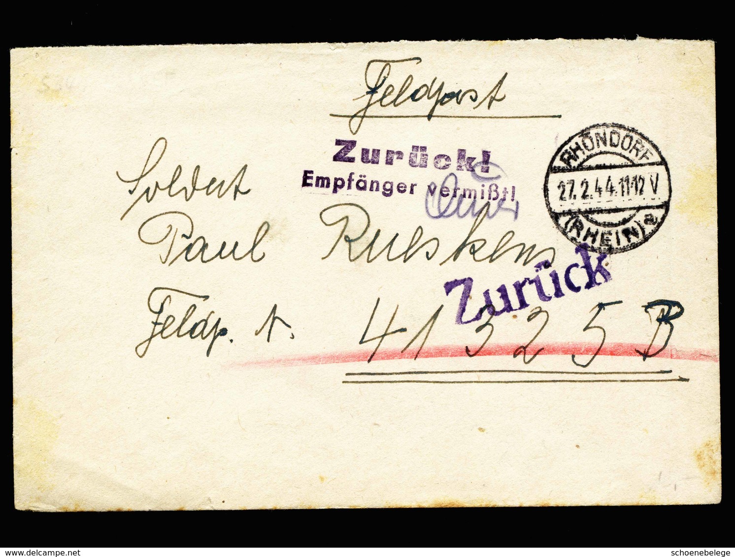 A5587) DR Feldpostbrief Rhöndorf 27.2.44 An FP 41325B Stempel Empf. Vermisst - Briefe U. Dokumente