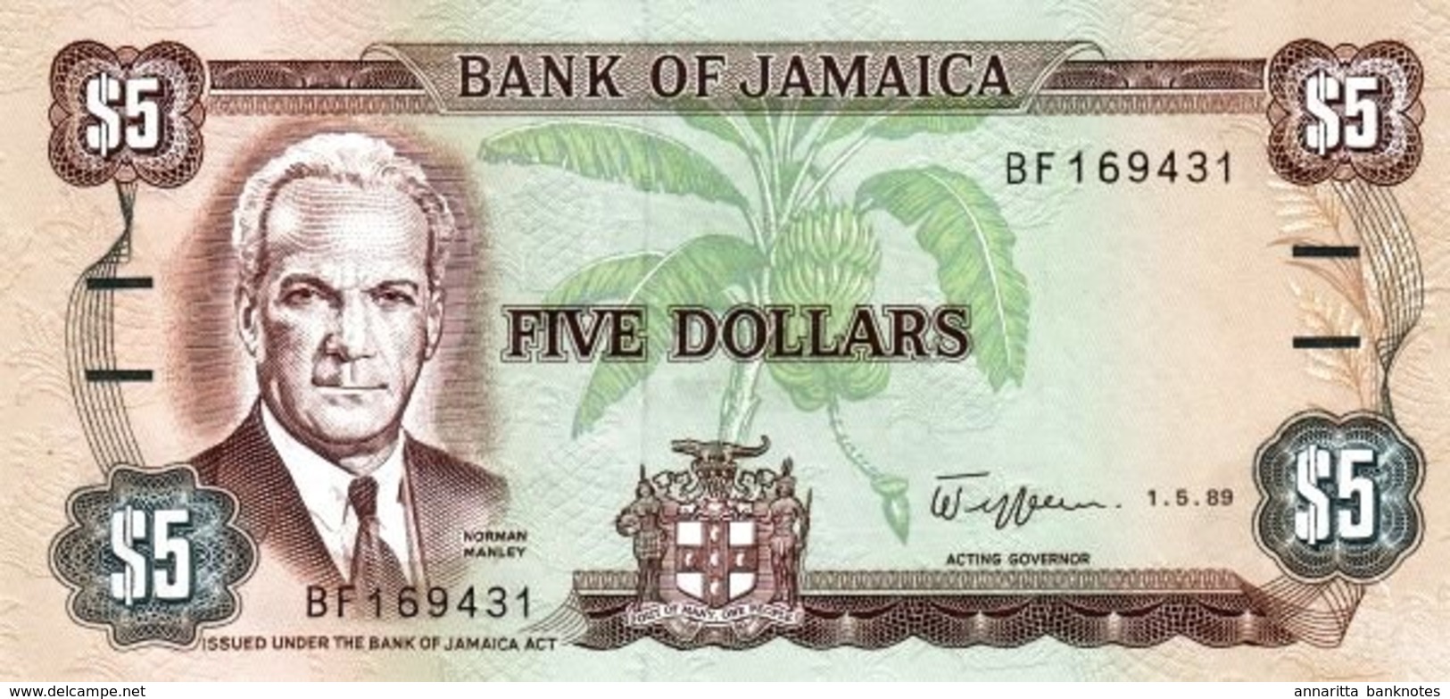 JAMAICA 5 DOLLARS 1989 P-70c UNC [JM226c] - Jamaica