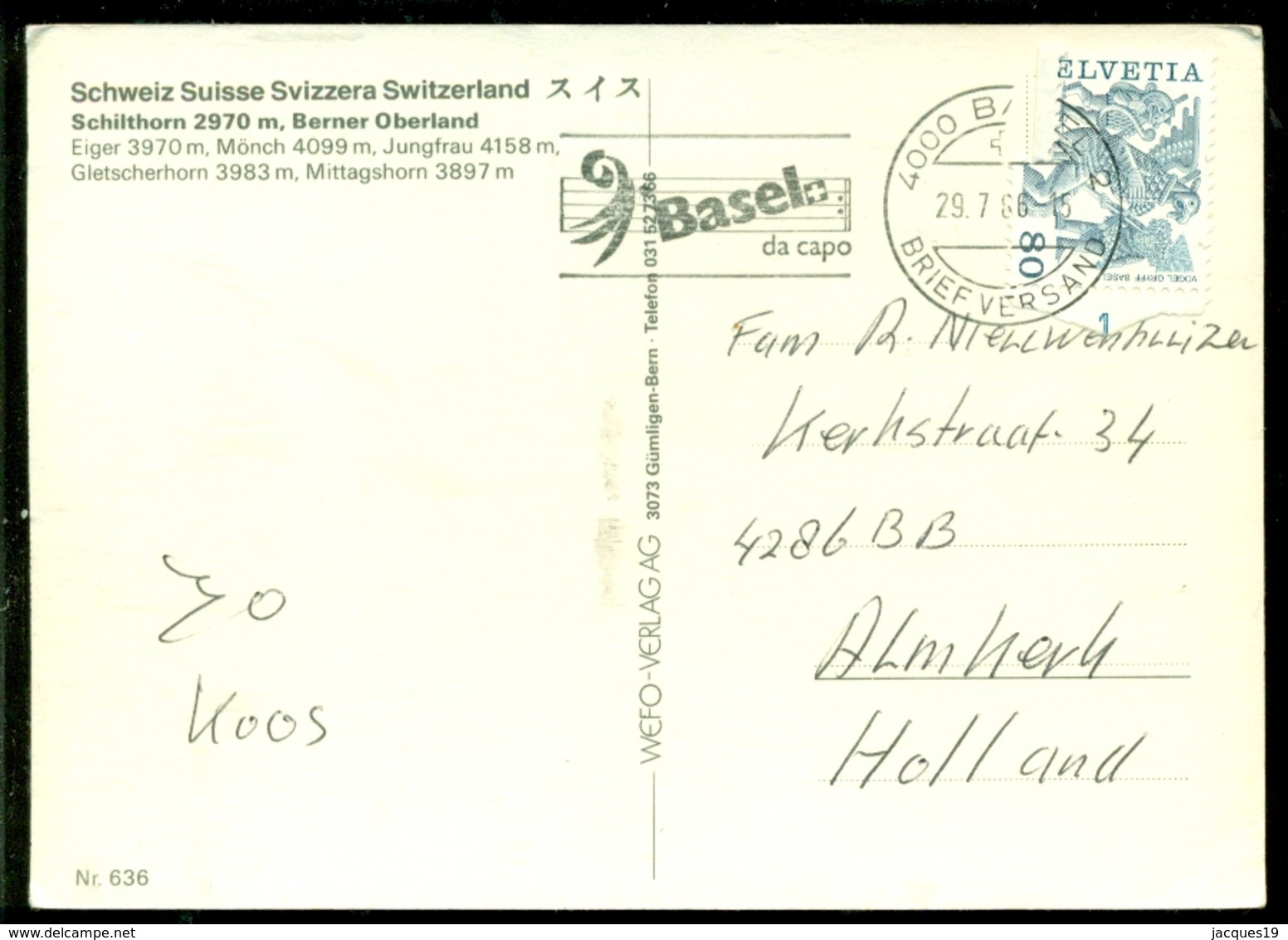 Zwitserland 1966 Ansichtkaart Schilthorn Met Speciaal Stempel Basel Da Capo - Postmark Collection