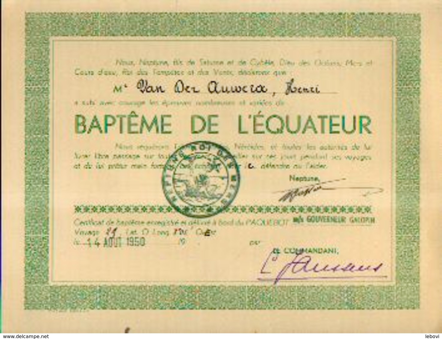 Certificat De Baptême De L’EQUATEUR (1950) Délivré à Bord Du Paquebot GOUVERNEUR GALOPIN à VAN DER AUWERA, Henri - Autres & Non Classés